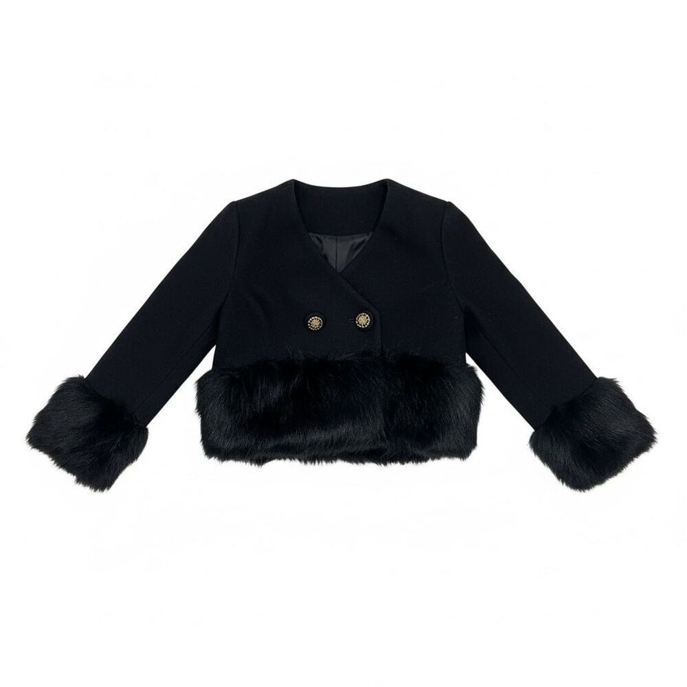 NWTGS CARBON SOLIDER WOOL BLEND FAUX MINK FUR TRIM CROPPED JACKET SZ 8 RT $298